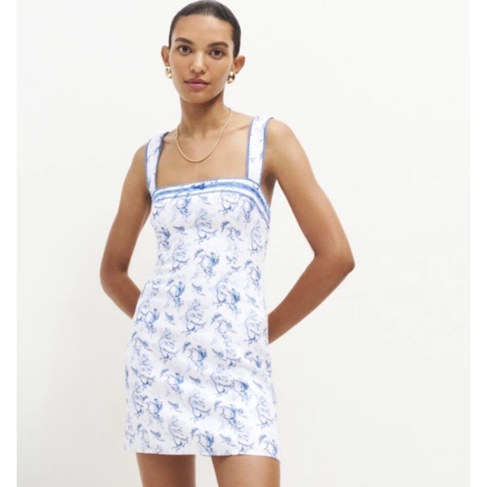 Reformation Elana Linen Mini Dress Viva White Blue Print Sz 8 Coquette Romantic